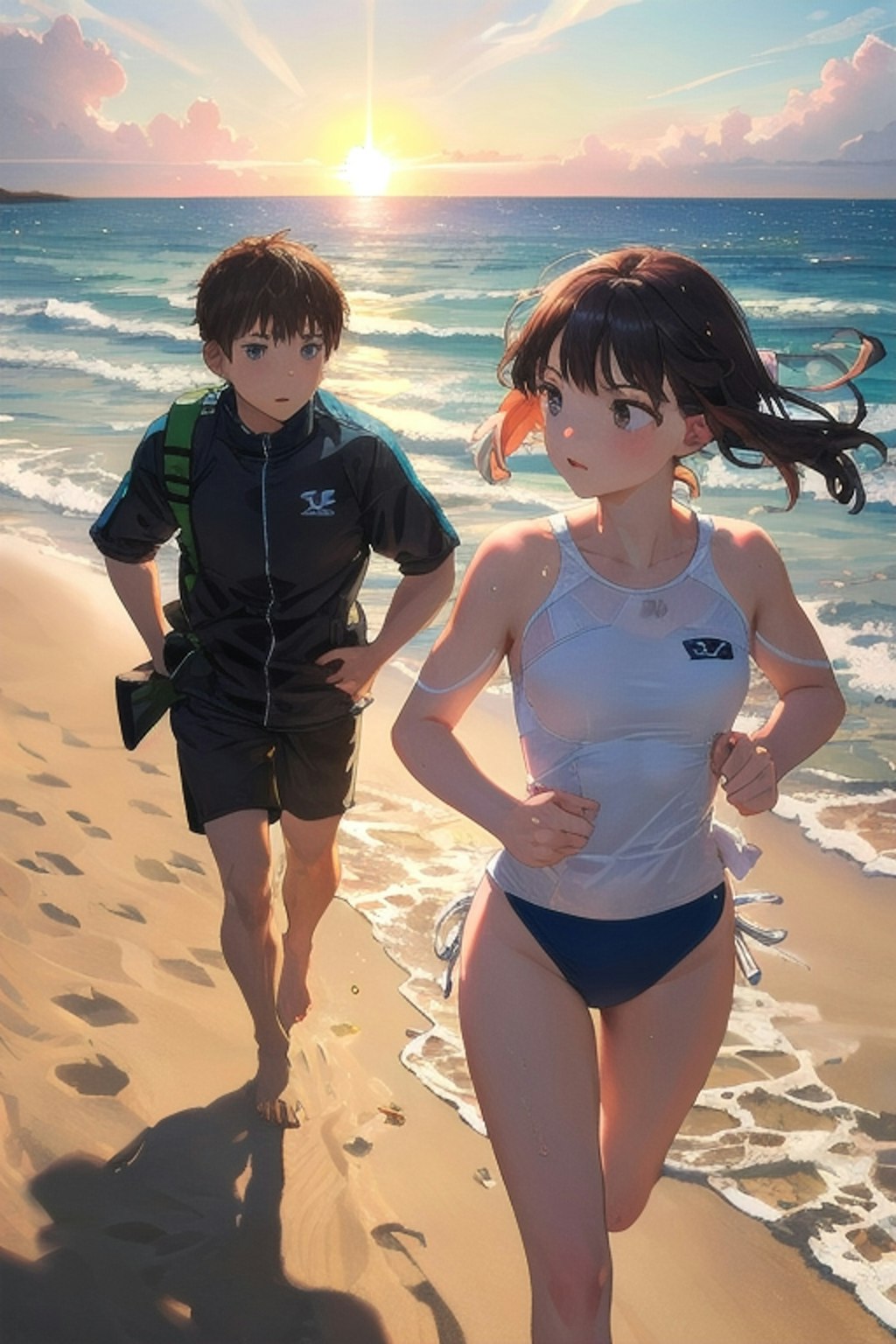 海辺で走る少年少女