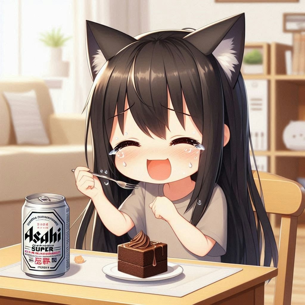 チョコケーキを食べて感動している小さな女の子