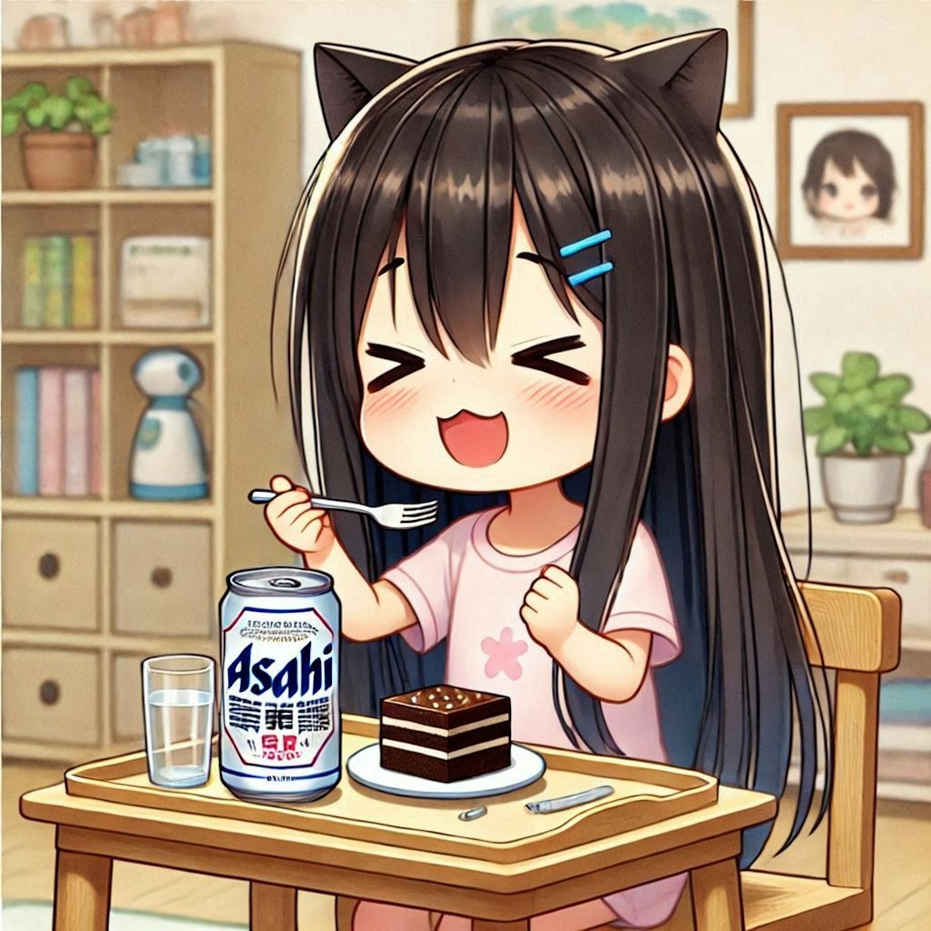 チョコケーキを食べて感動している小さな女の子