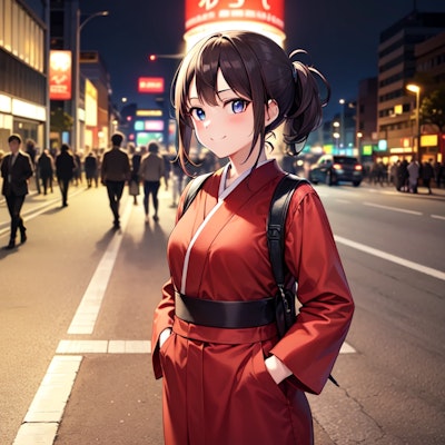 和風な服装で夜の渋谷を散歩