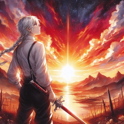 夕陽の丘に立つ少年剣士