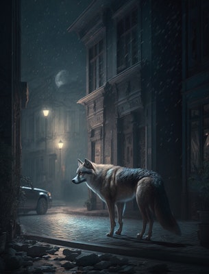 夜の街を散歩する狼
