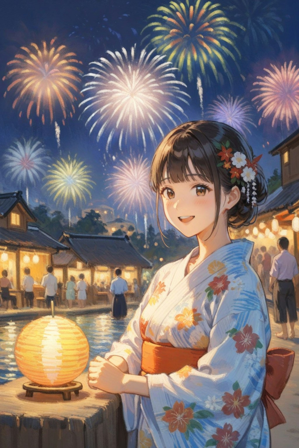 夏祭りと花火と浴衣の少女