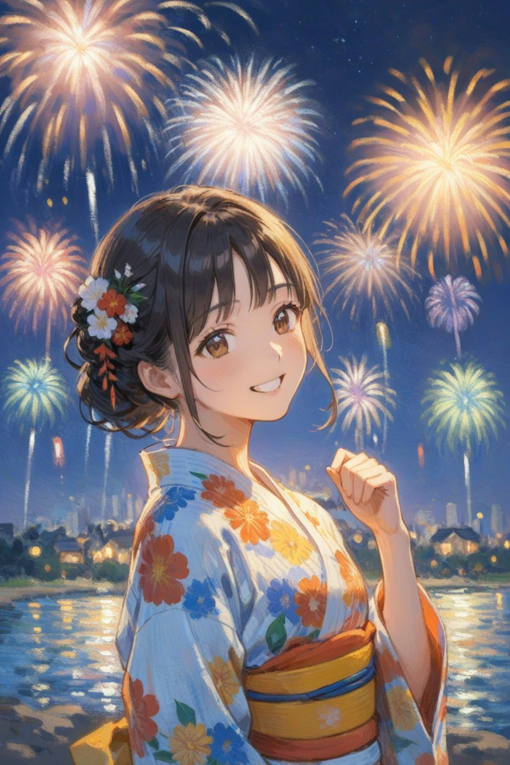 夏祭りと花火と浴衣の少女