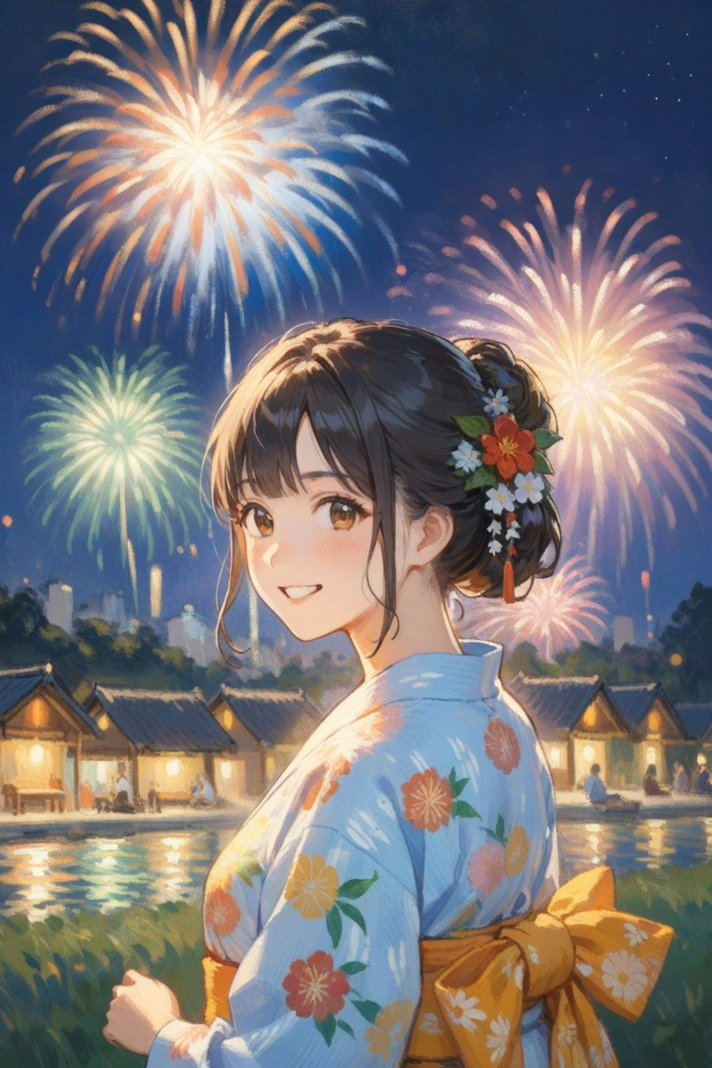 夏祭りと花火と浴衣の少女