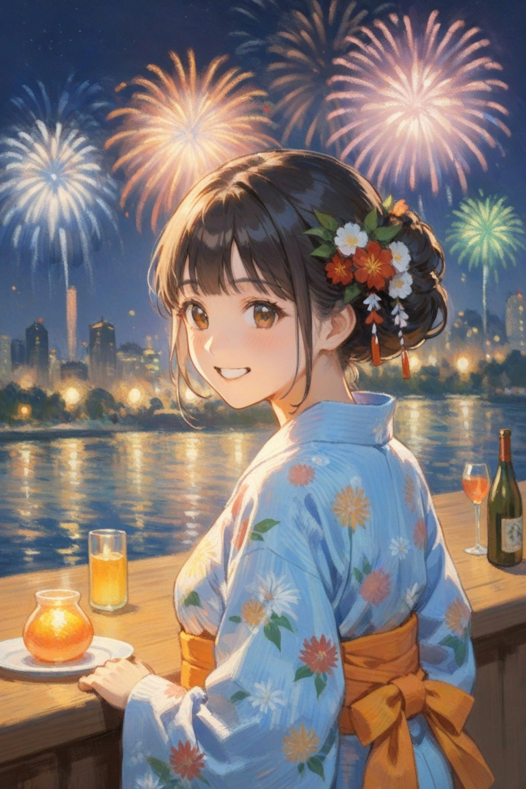 夏祭りと花火と浴衣の少女