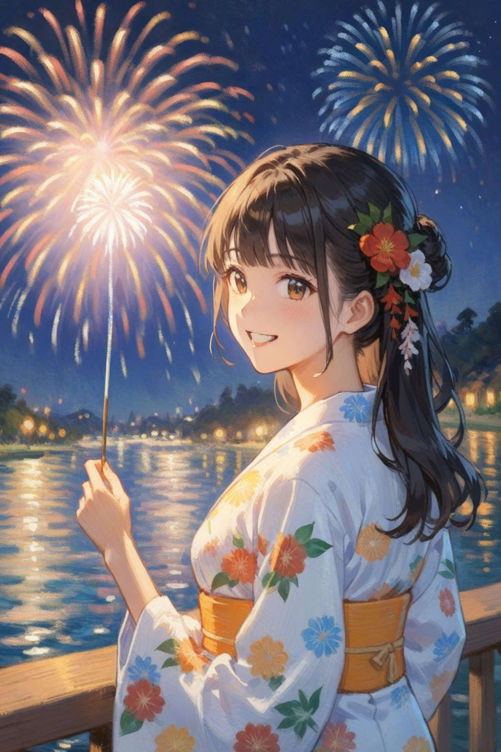 夏祭りと花火と浴衣の少女