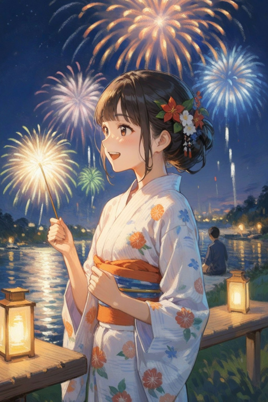 夏祭りと花火と浴衣の少女