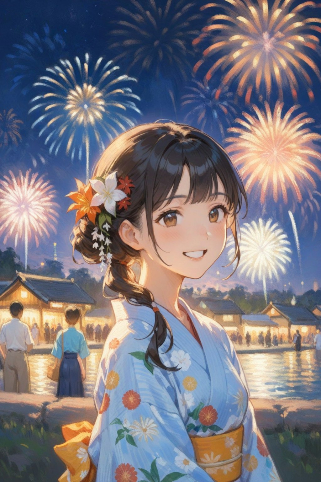 夏祭りと花火と浴衣の少女