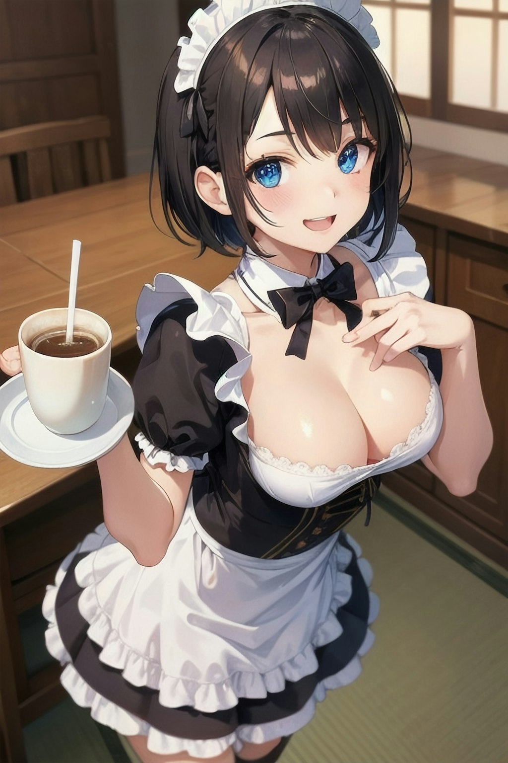 「コーヒーをどうぞ！」「ストローは要らんよ（ホットじゃんか）」（新米メイド３日目）