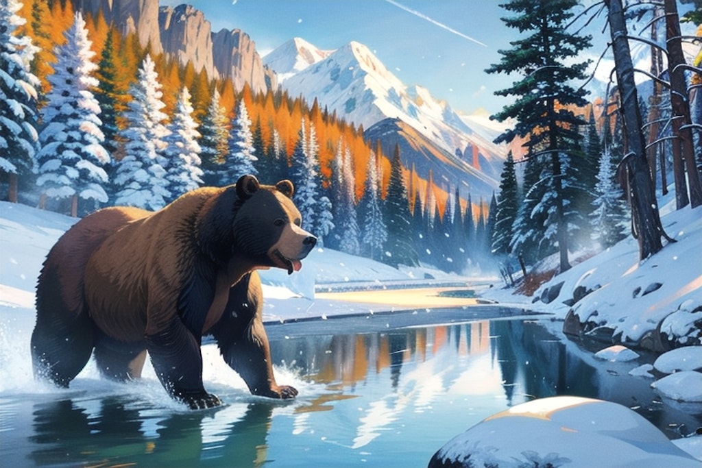 冬の山麓、川辺の熊が魚採り。