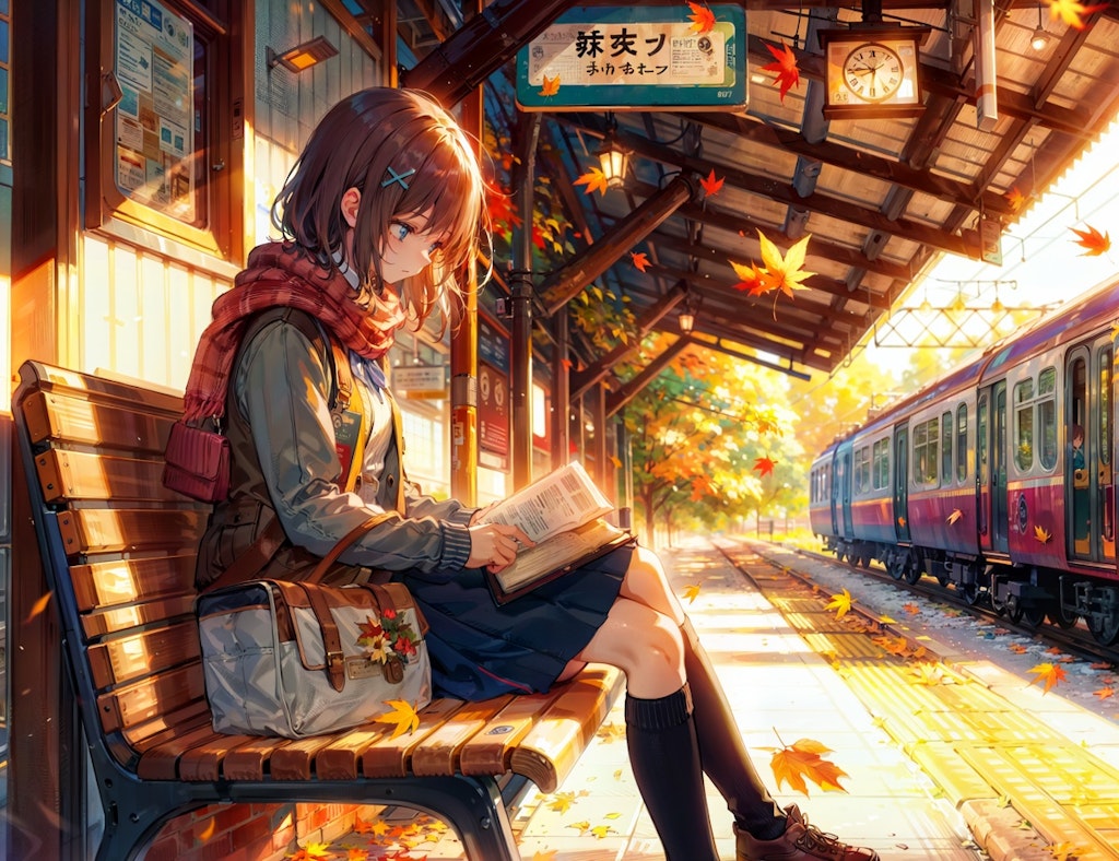 秋の無人駅で読書