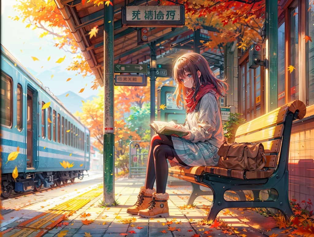 秋の無人駅で読書