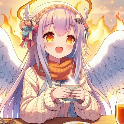 あったかいお茶を飲む天使ちゃん