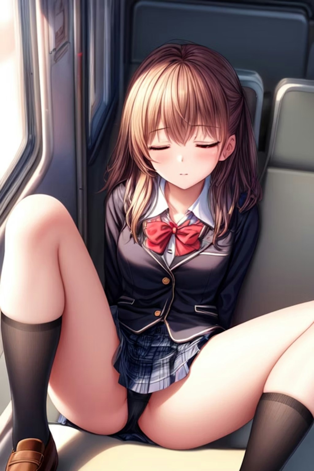 電車内で眠りについてパンツが見えてる女子高生たち