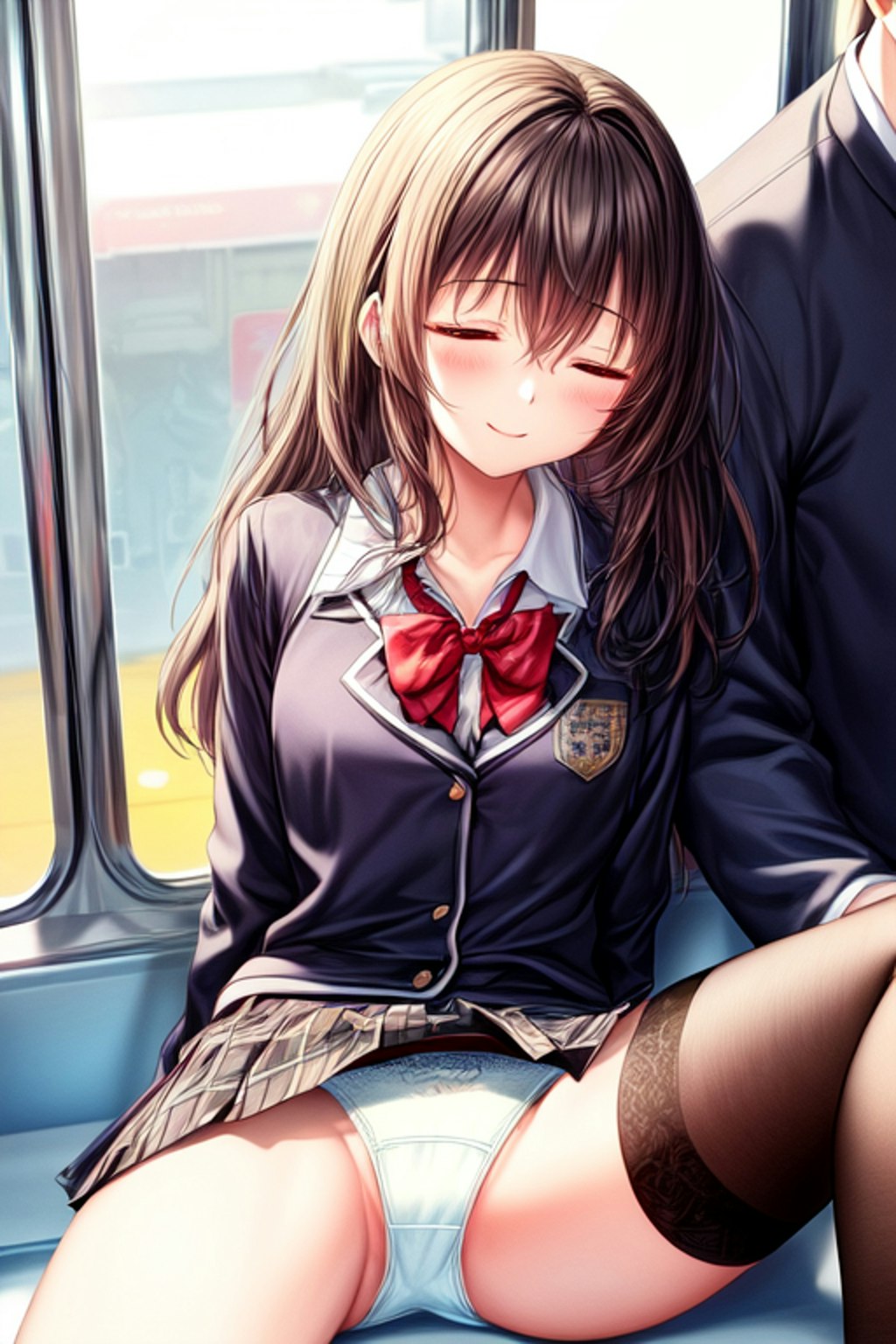 電車内で眠りについてパンツが見えてる女子高生たち