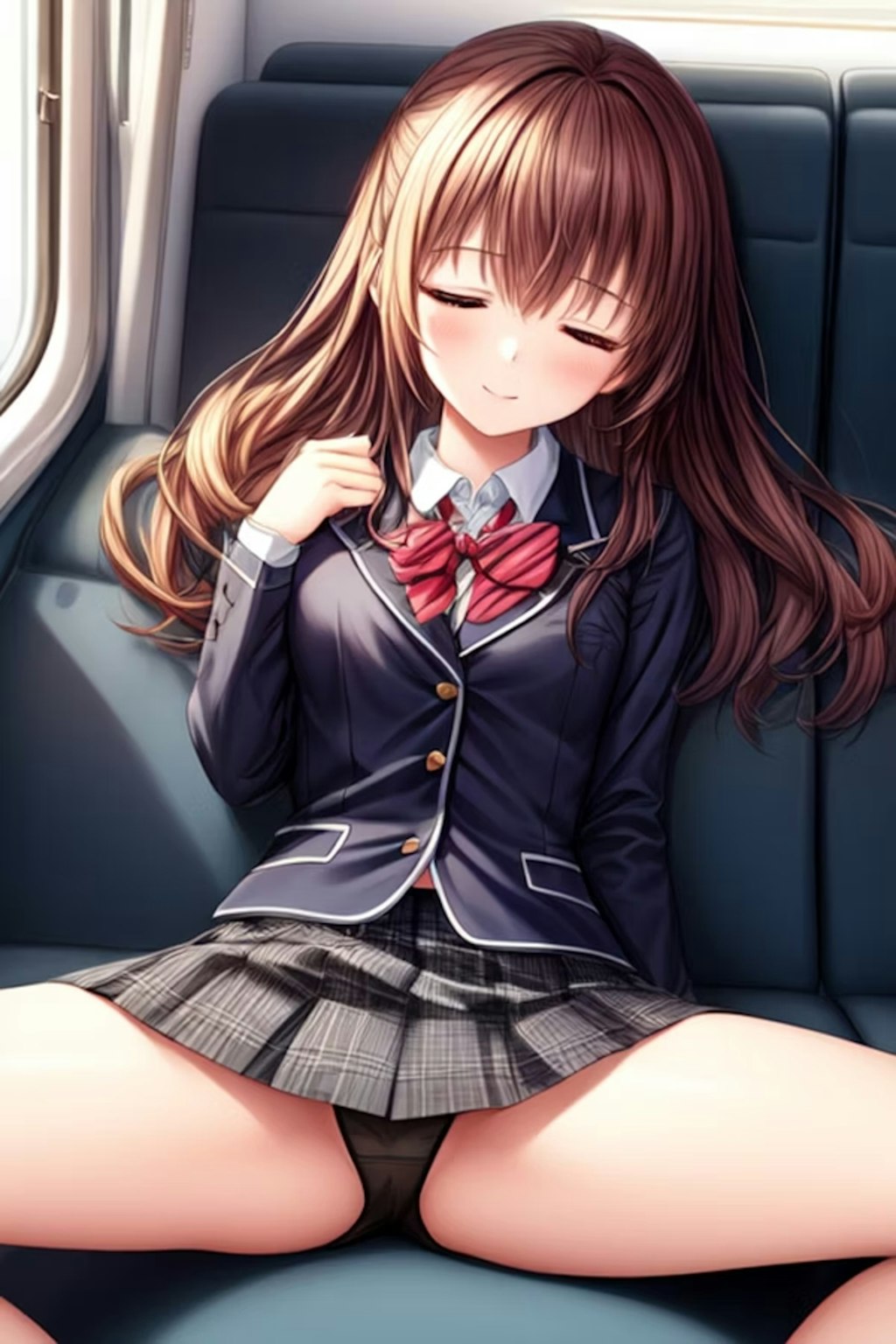 電車内で眠りについてパンツが見えてる女子高生たち