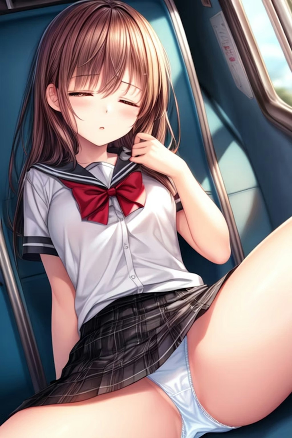 電車内で眠りについてパンツが見えてる女子高生たち