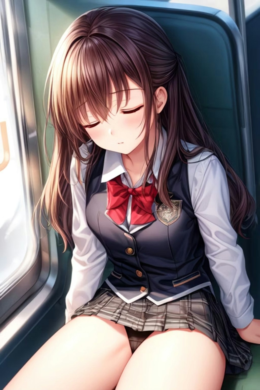 電車内で眠りについてパンツが見えてる女子高生たち