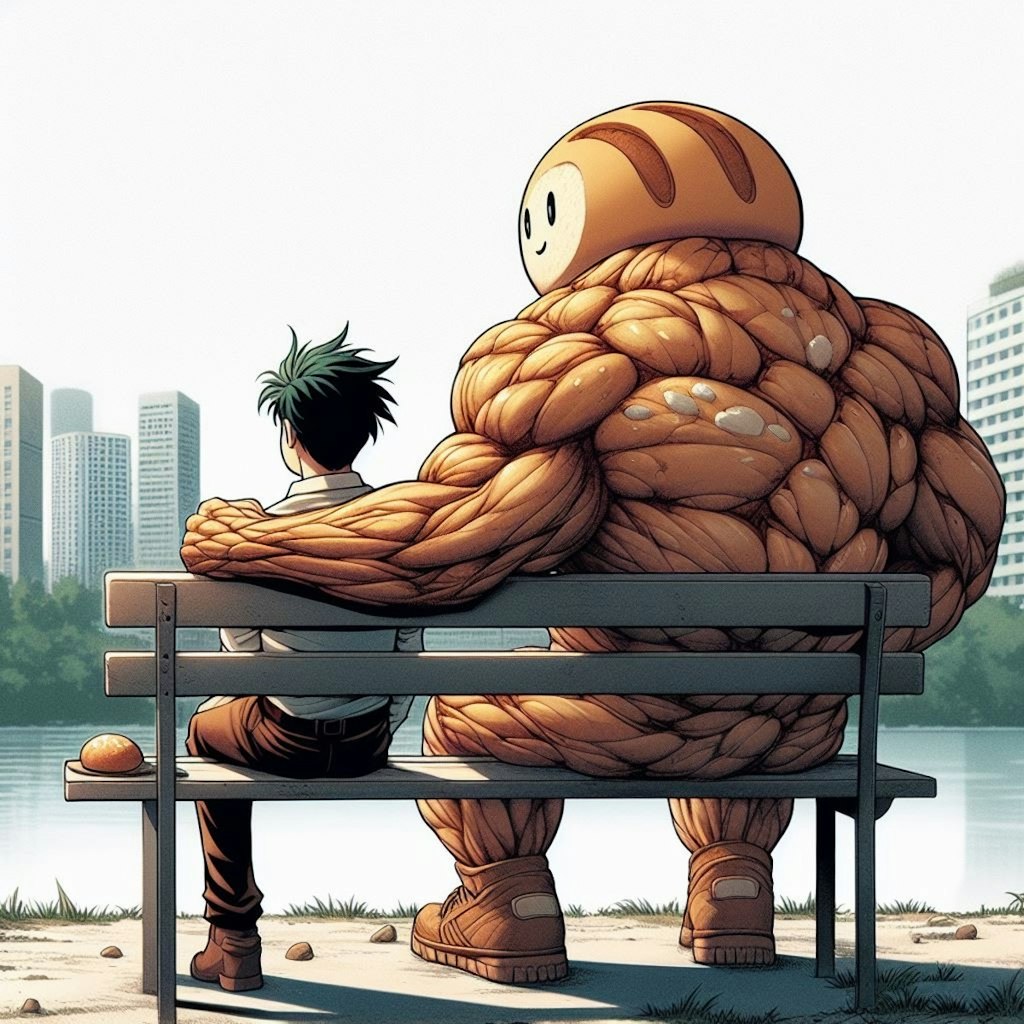 ベンチに座るパンの男