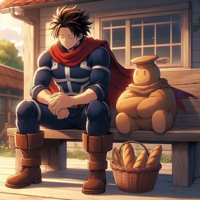 ベンチに座るパンの男