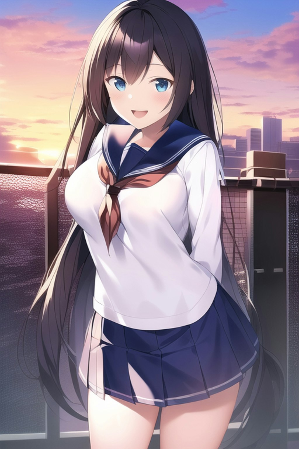 夕日に笑う少女