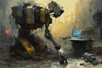 ロボットを修理する少年