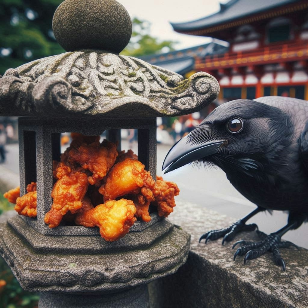 いしころの唐揚げを狙うカラス