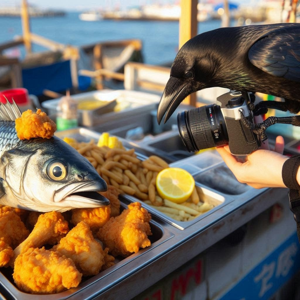 いしころの唐揚げを狙うカラス