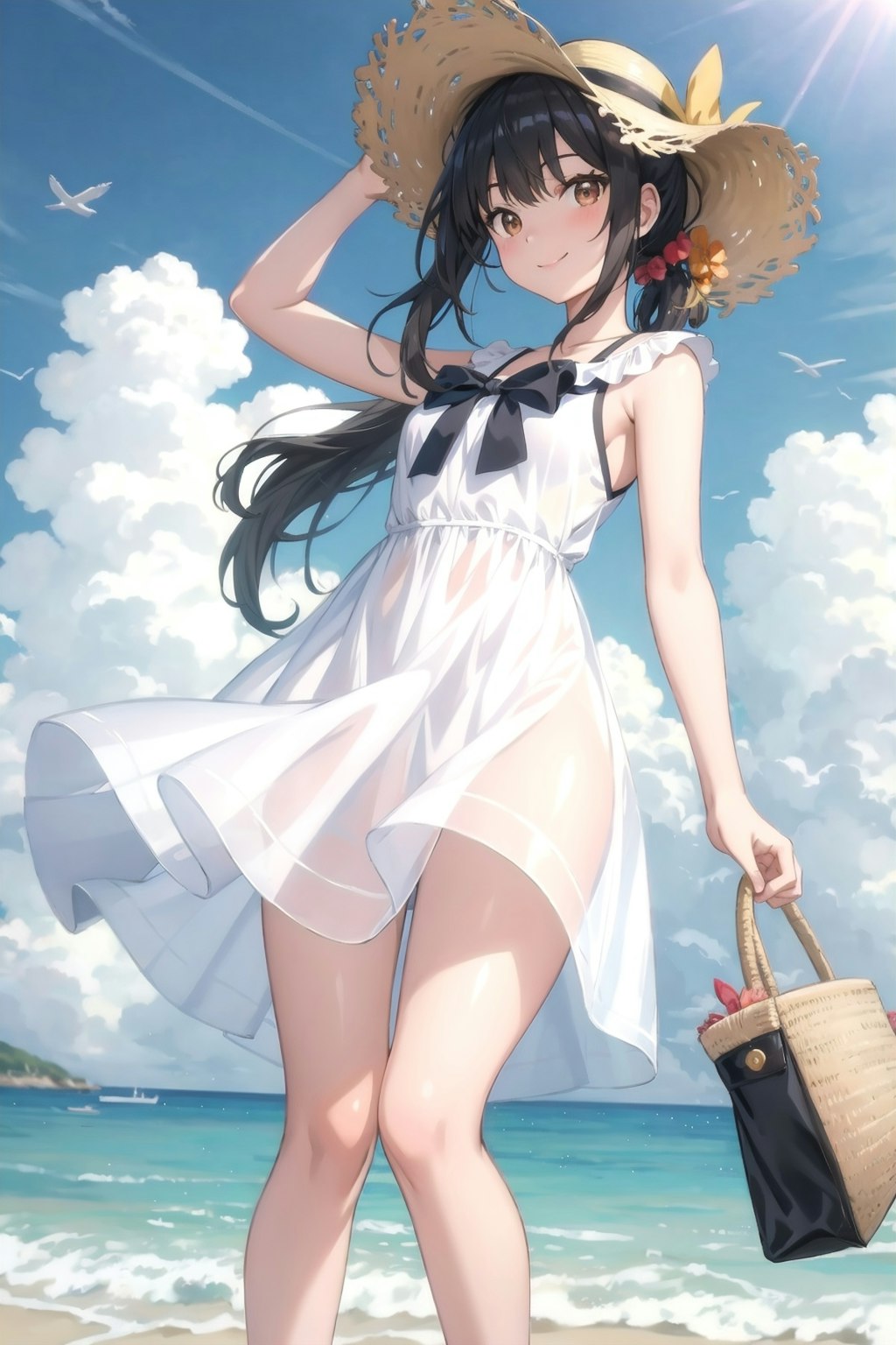 夏の浜辺のお嬢さん