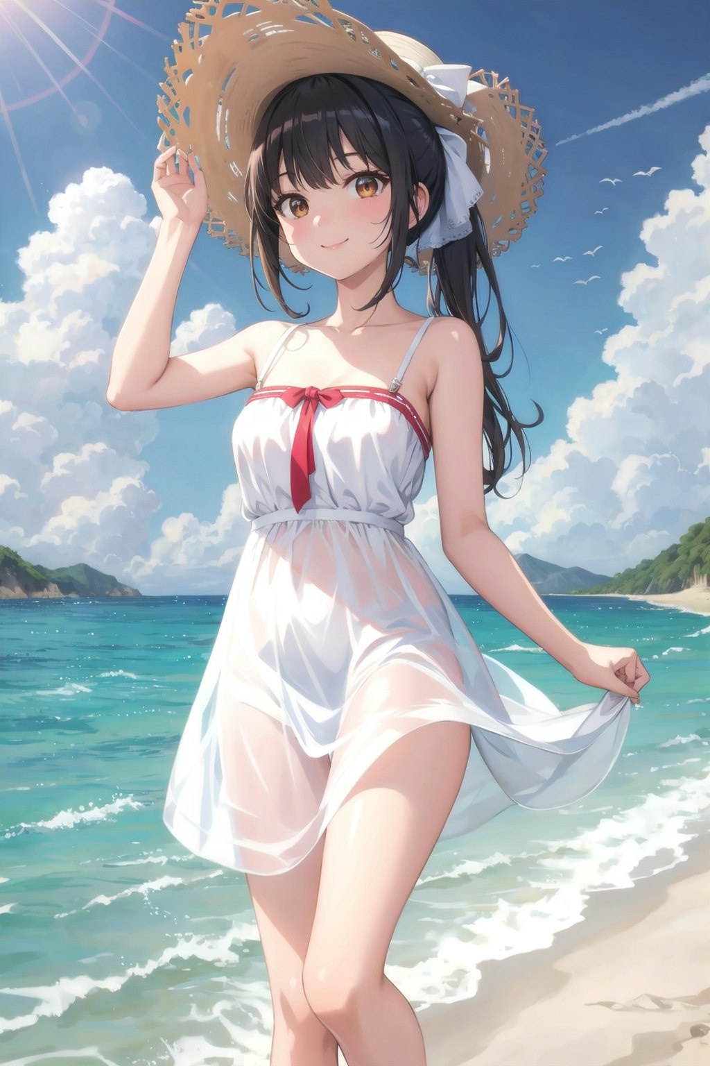 夏の浜辺のお嬢さん