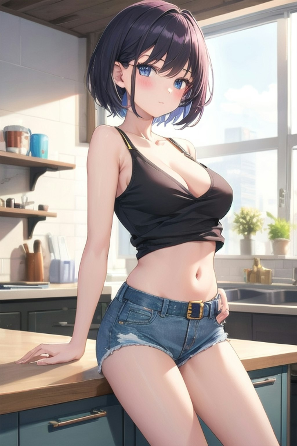 デニムパンツはいたノースリーブの女の子