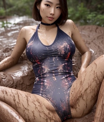 泥まみれの水着少女