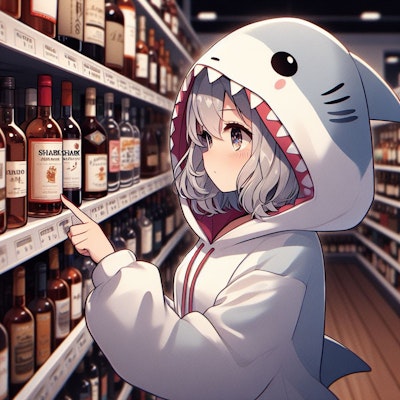 忘年会に持っていくお酒を選んでいるサメちゃん