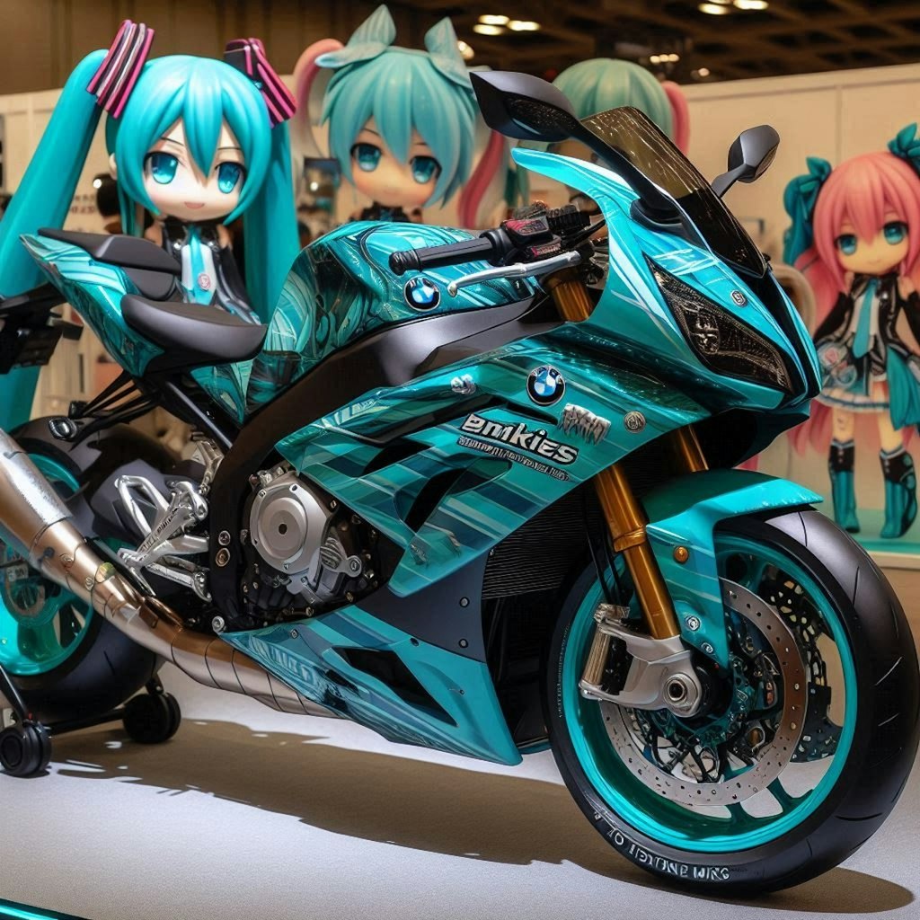 初音ミクカラーのBMWのバイク