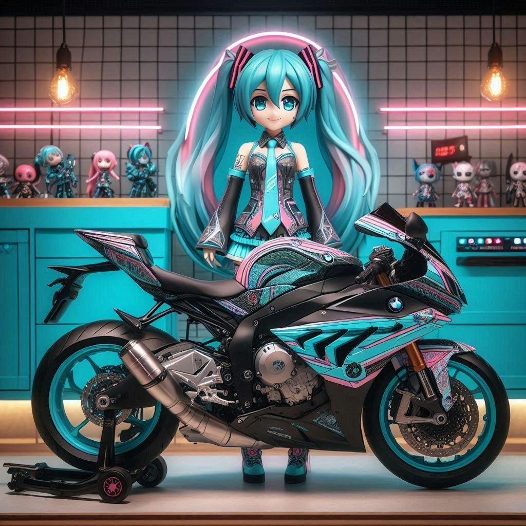 初音ミクカラーのBMWのバイク