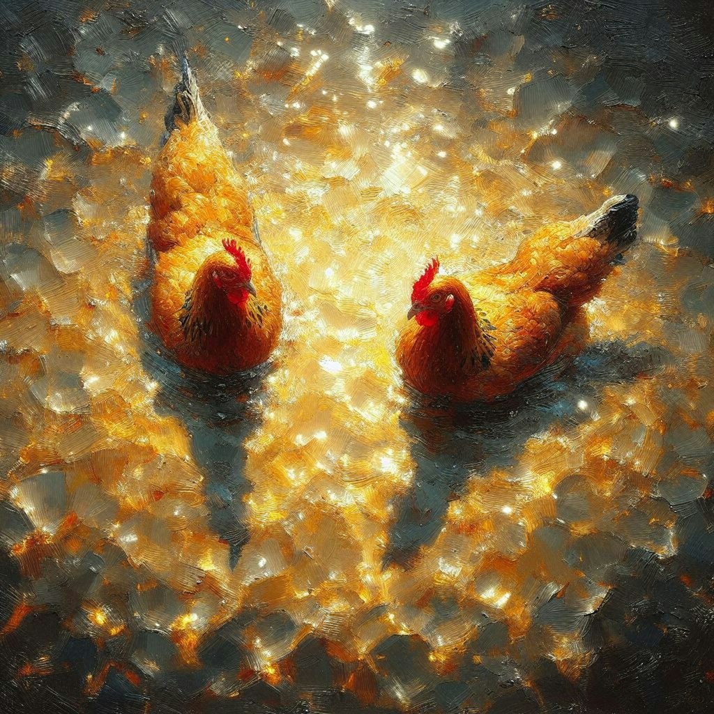 Chickens in golden water