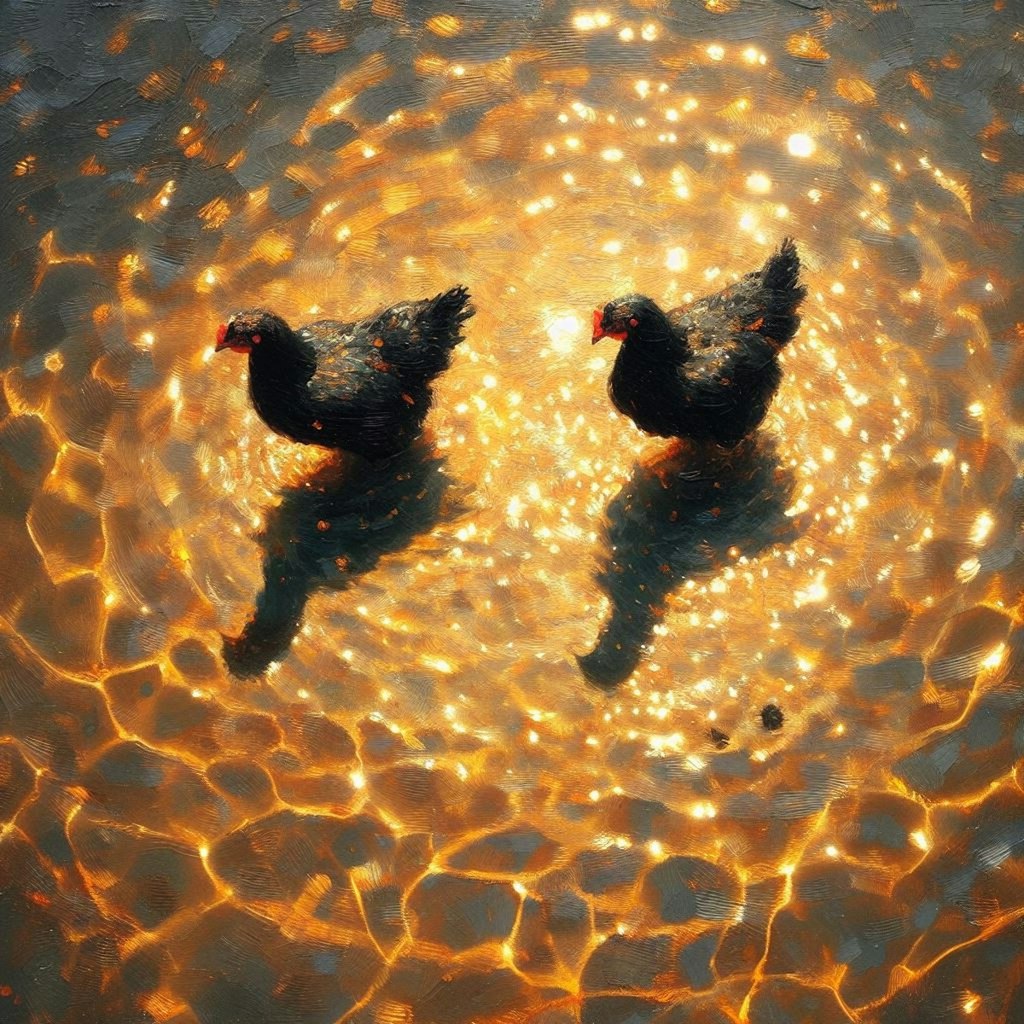 Chickens in golden water