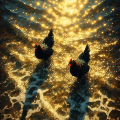 Chickens in golden water