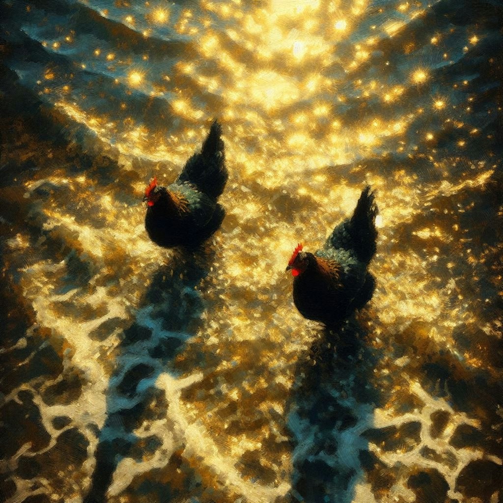 Chickens in golden water