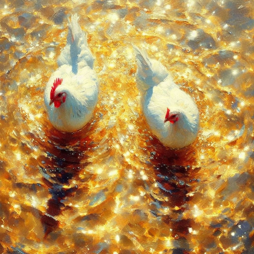 Chickens in golden water