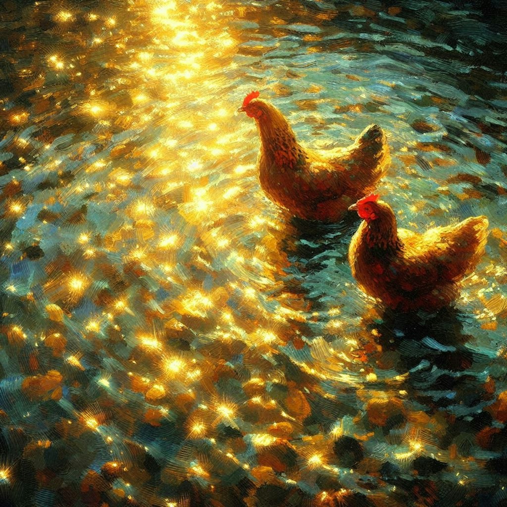 Chickens in golden water