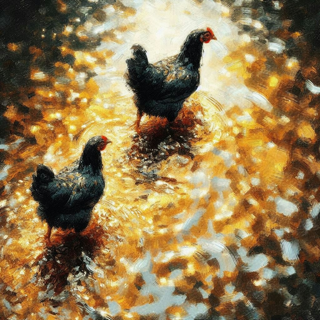 Chickens in golden water