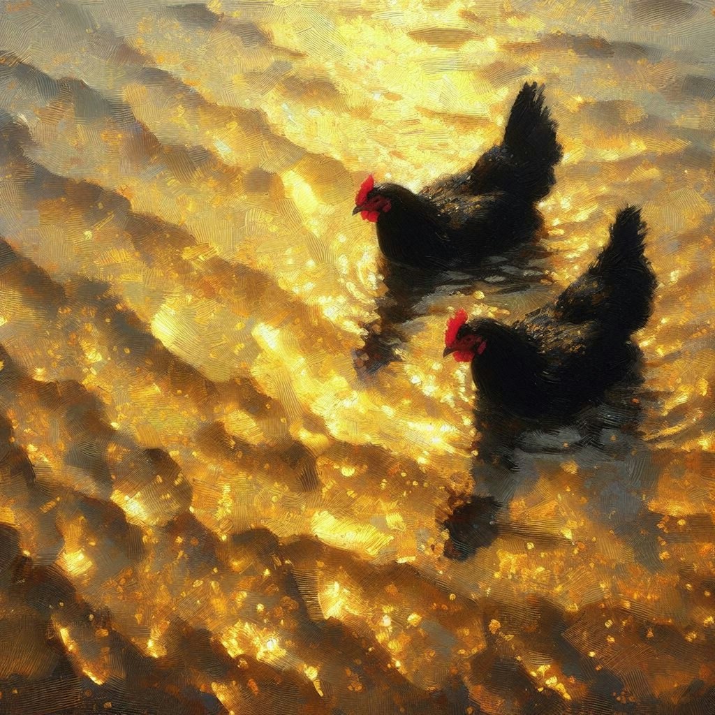 Chickens in golden water