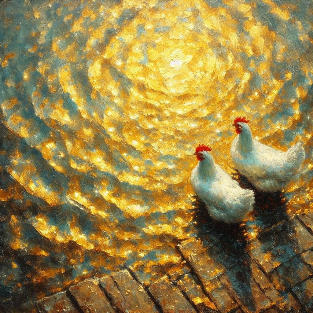 Chickens in golden water