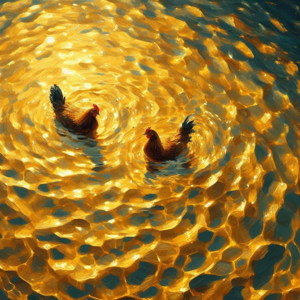 Chickens in golden water