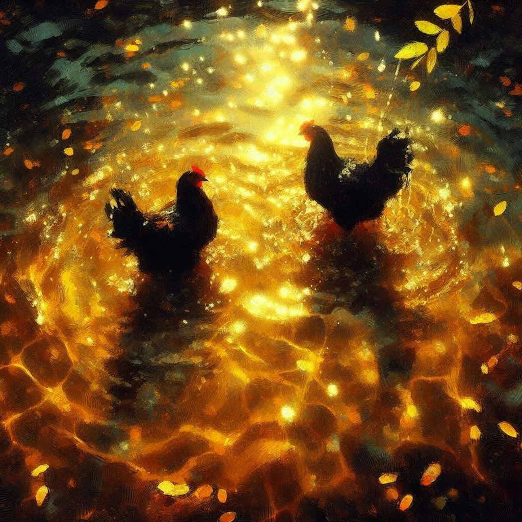 Chickens in golden water