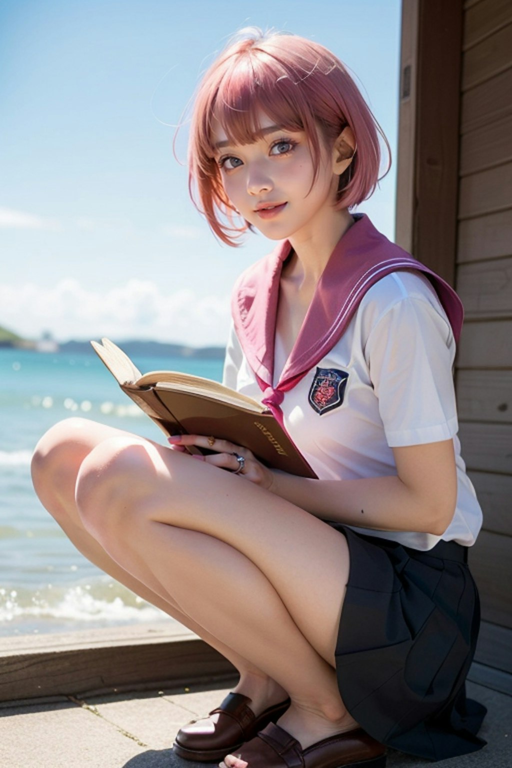 浜辺の読書　ピンク髪のセーラー制服