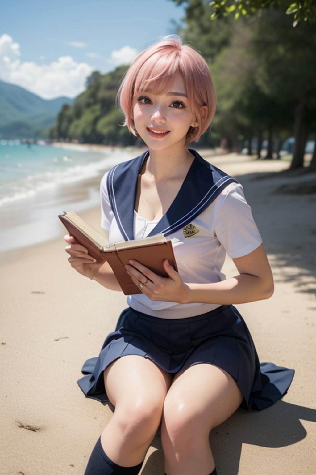 浜辺の読書　ピンク髪のセーラー制服