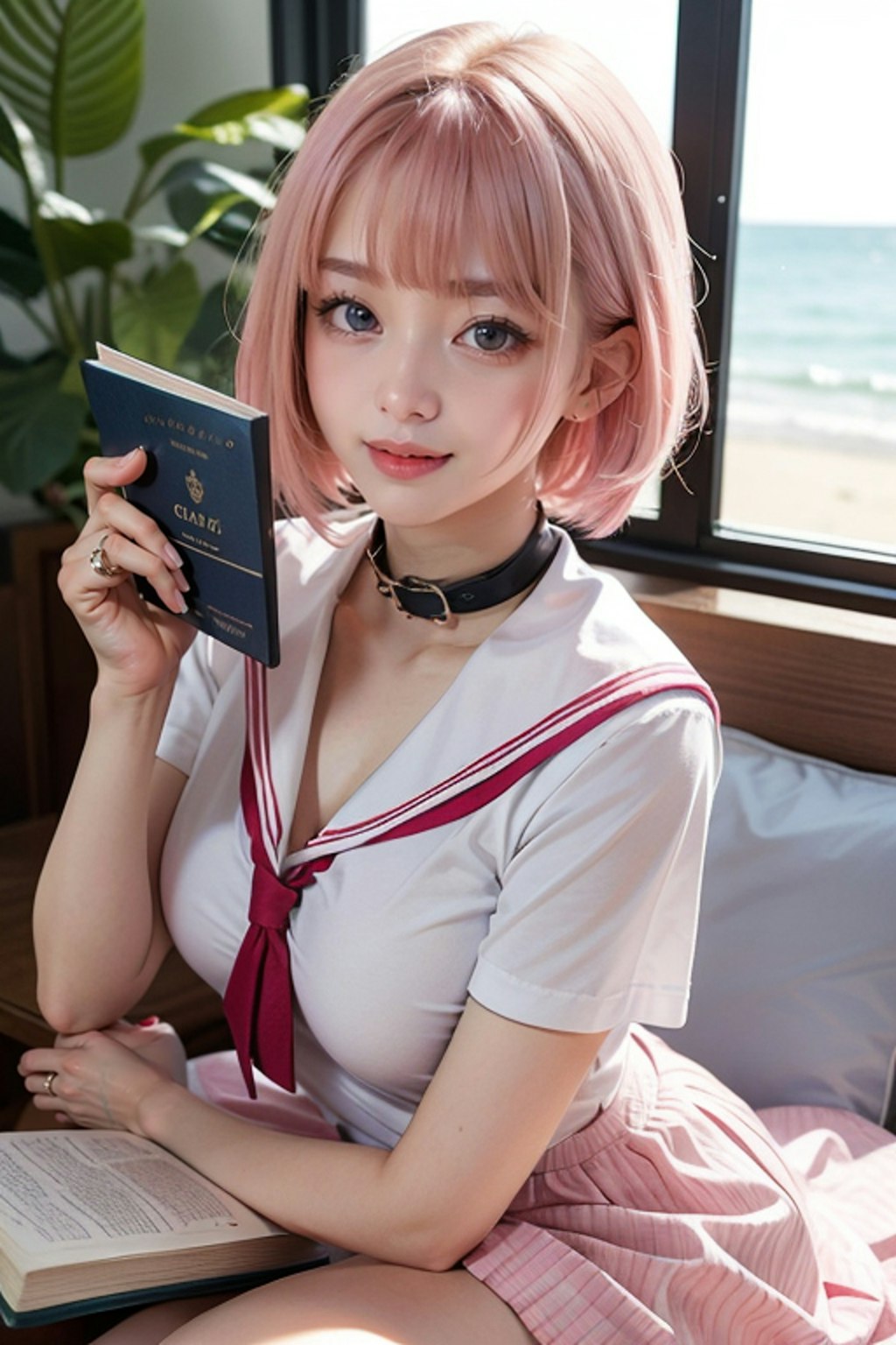 浜辺の読書　ピンク髪のセーラー制服